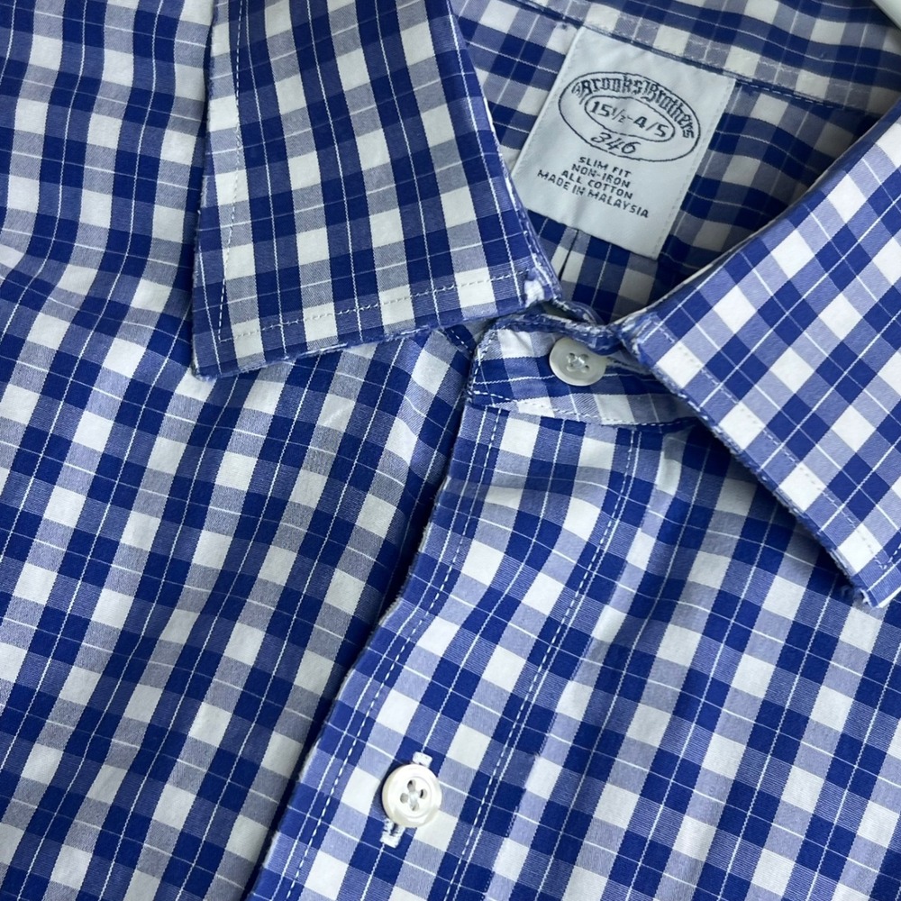 Brooks Brothers 346 Shirt Mens Gingham Non-Iron Slim Fit 15.5 34/35 Blue White